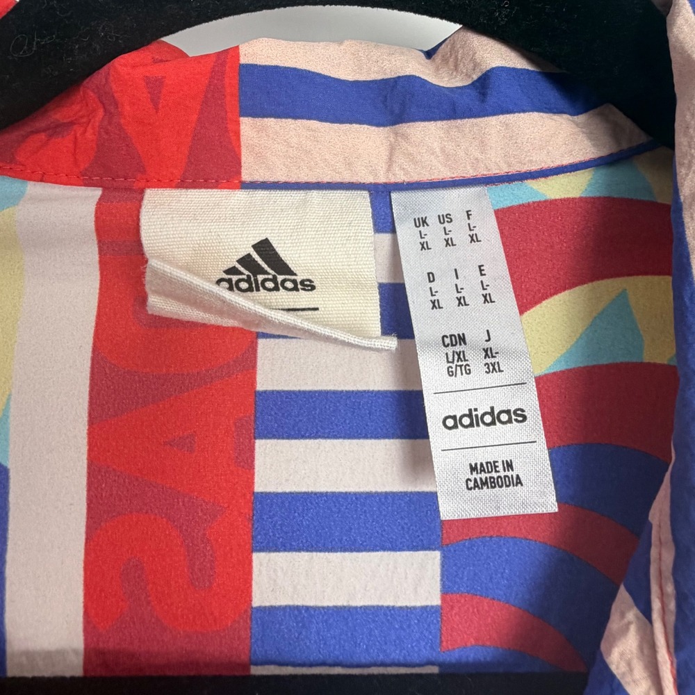 Adidas Multicolor Patchwork Print Button Up Shirt & Wide Leg Pants Set XL - Picture 10 of 12